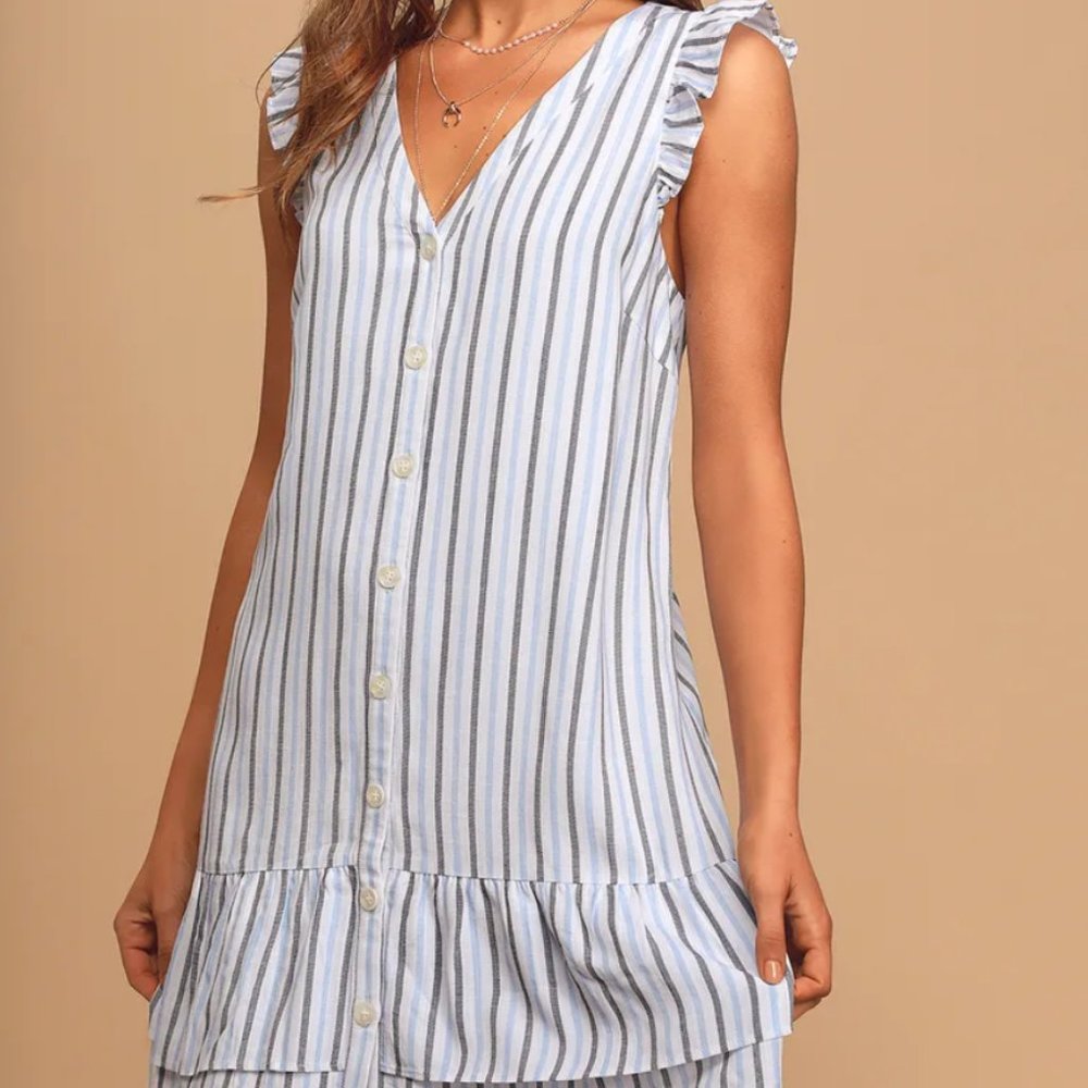 Lulu's Blue Striped Ruffled Button-Up Mini Dress